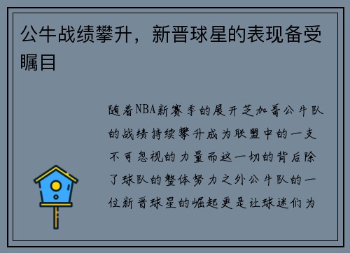 公牛战绩攀升，新晋球星的表现备受瞩目