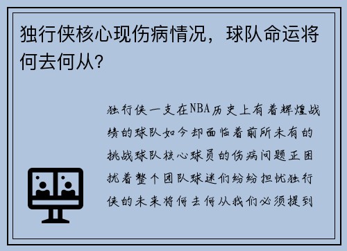 独行侠核心现伤病情况，球队命运将何去何从？